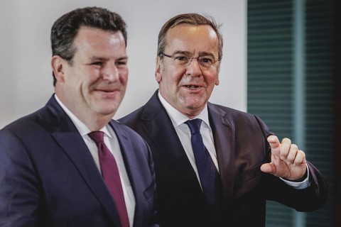 (R-L) Boris Pistorius (SPD), Federal Minister of Defence, and Hubertus Heil (SPD), Federal Minister