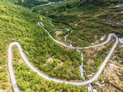 Serpentines of the Gaularfjell mountain crossing, aerial view, national tourist route north of