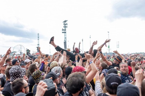 Adenau, Germany, 8 June 2024: Crowdsurfing while Electric Callboy play at Rock am Ring. The