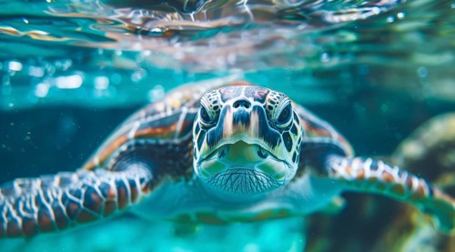 A turtle is swimming underwater in the ocean. The water is clear and turquoise, AI generated