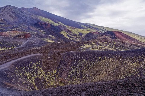Lava rock and crater landscape around the Crateri Silvestri in the Etna National Park, Parco