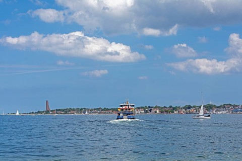 Fjord ferry, sailing boats, naval memorial, Laboe, Kiel Week, Kiel Fjord, Kiel, Schleswig-Holstein,