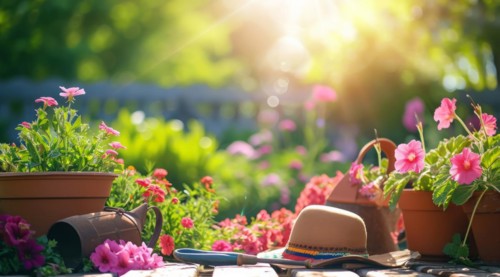Home gardening equipment near beautiful lawn in the house garden with tools and fertilizers, AI
