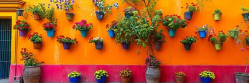 Typical architecture of Mexican colonial colorful houses in historic city center, AI generated