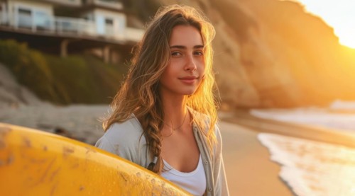 Fit and handsome female surfer holding a surfboard on ocean shore. Vacation and travel lifestyle,