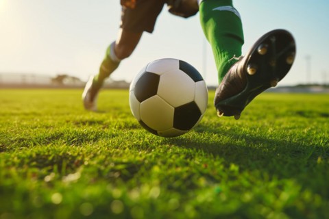 A soccer player kicks a ball on a football stadium field during game, AI generated