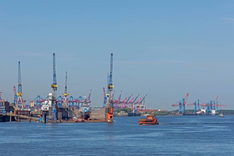Ferry, Blohm & Voss shipyard, Burchardkai container terminal, Norderelbe, Hamburg, Germany, Europe
