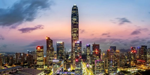 Shenzhen skyline with skyscrapers city centre downtown panorama in the evening in Shenzhen, China,