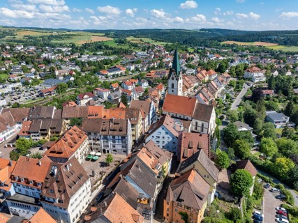 Aerial view of the town of Engen in Hegau with the town hall square and the Church of the