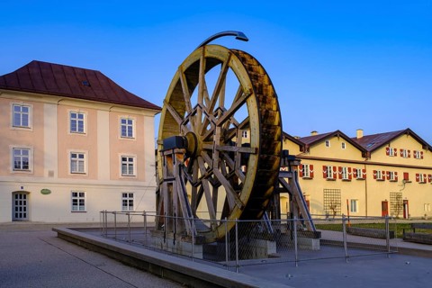 Water wheel, Salinenpark, Traunstein, Chiemgau, Upper Bavaria, Bavaria, Germany, Europe