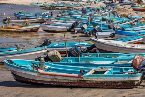 Fishing boats anchored in the harbour of Mirbat, Dhofar Province, Arabian Peninsula, Sultanate of