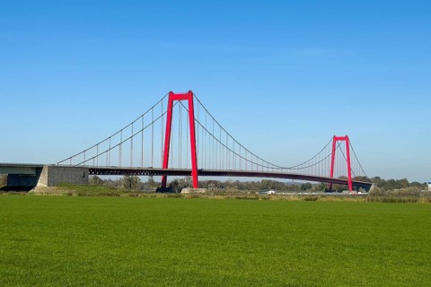View over Rhine meadows on the left bank of the Rhine to red steel pillars of earth-anchored