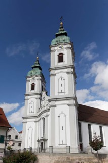 Collegiate Church of St Peter, west façade with baroque towers, Bad forest lake, Upper Swabia,