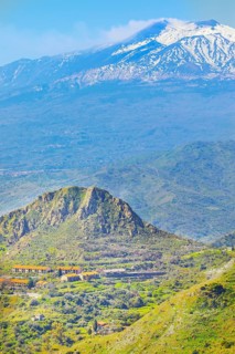 View of mount Etna from Castelmola village, Castelmola, Taormina, Sicily, Italy, Europe