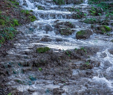 Waterfall of a stream in spring, Thuisbrunn, Upper Franconia, Bavaria, Germany, Europe