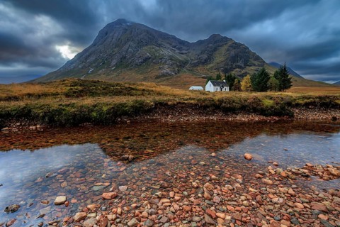 Wild river, cloudy mood, hut, cottage, long exposure, autumn, mountains, Lagangarbh Cottage,
