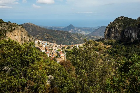 Picturesque village and steep mountains, Ulassai, Province of Ogliastra, Sardinia, Italy, Europe