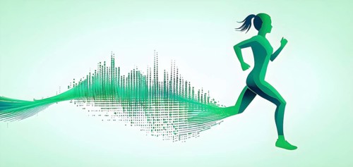 Illustration of a wave of data points shaping into a female runner silhouette, green pastel hues,