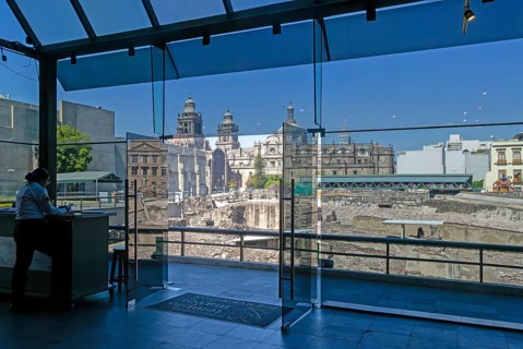 Templo Mayor archaeological Aztec city of Tenochtitlan, view to the cathedral church from inside