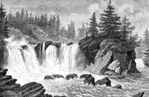 Traunfall waterfall near Gmunden an der Traun, wild natural spectacle, rocks, fir landscape,
