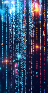 Binary code cascading down like digital rain, representing data insights, vibrant hues, AI