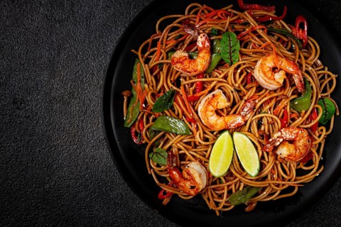 Fried udon noodles with shrimp and vegetables, Asian cuisine, homemade, no people