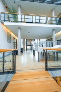 Open interior with modern architecture and glass railings, Nagold Town Hall, Black Forest, Germany,