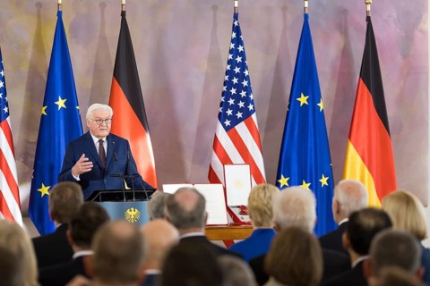 Frank-Walter Steinmeier (President of the Federal Republic of Germany) delivers a speech in front