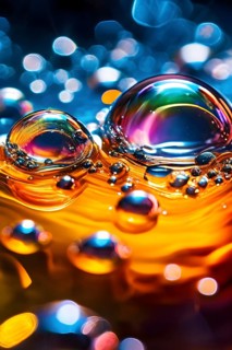 A cluster of iridescent vibrant oil bubbles floating on a water surface, AI generated