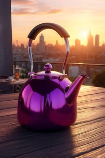 Purple colored tea kettle whistling on a rustic wooden table in soft morning sunlight, AI generated