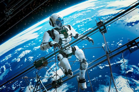 Futuristic humanoid robot working outside a spaceship, AI generated