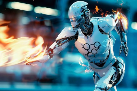 Futuristic humanoid robot running while carrying the Olympic flame, AI generated