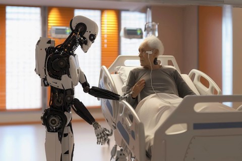 Futuristic humanoid cyborg taking care of elderly people in a hospital, AI generated