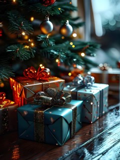 Beautiful wrapped Christmas gifts with shiny ribbons and bows stacked under a evergreen tree in a