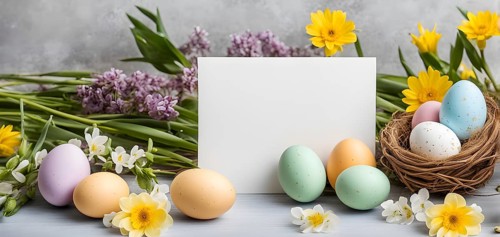 Easter card with delicate hand-drawn illustrations, placed among fresh flowers and decorated eggs,