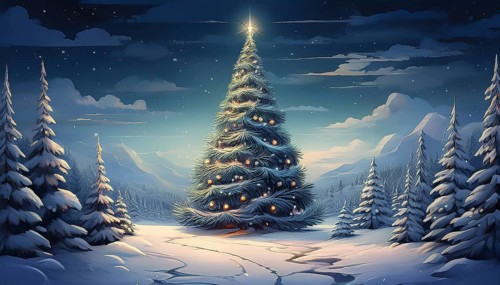 Illustration of a Christmas tree in a snowy winter landscape at night, AI-generated image, AI