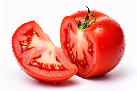 Halved red tomatoe and tomatoe slice on white background. KI generiert, generiert, AI generated