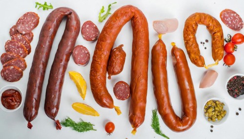 Food, meat products, various smoked sausages on a white surface AI generated, AI generated