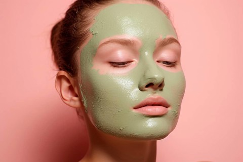 Woman's face with green tea matcha beauty face mask. KI generiert, generiert AI generated