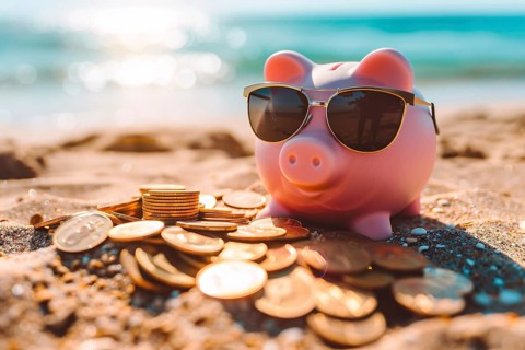 Piggy bank with coins on sunny beach. Generative ai, AI generated