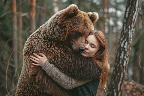 Woman hugging bear in forest. Generative Ai, AI generated