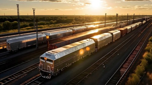Aerial view of a modern freight train with reflective metallic surfaces, AI generated