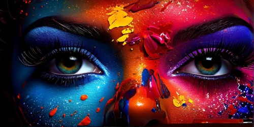 Close up portrait of an intricate eye makeup with vividly colored eyelids, AI generated