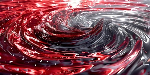 Digital art illustration of a liquid whirlpool swirling with red and silver tones, AI generated