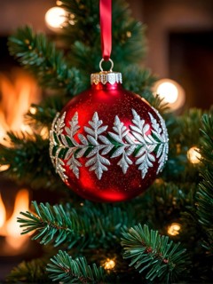 Christmas ornament hanging on a tree, with reflections of twinkling lights and fireplace flames