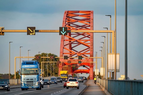 The Bridge of Solidarity, the longest tied-arch bridge in Germany, over the Rhine from