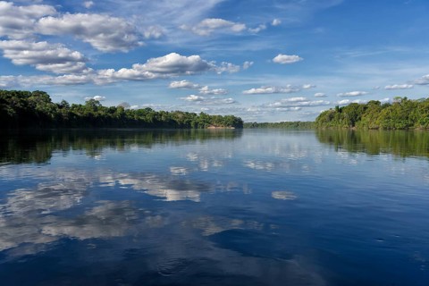 Sky and trees reflecting in the Juruena river, Alta Floresta, Amazon, Brazil, South America
