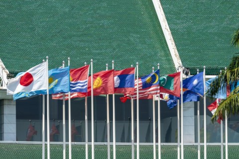 Many flags in front of the United Nations Conference Centre, Bangkok, Thailand, Asia