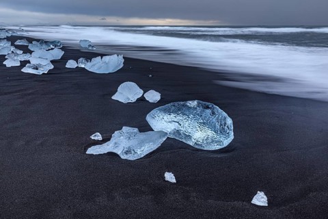 Ice floes, beach, sea, waves, cloudy, Diamond Beach, Breidamerkursandur, Jökulsarlon, Iceland,