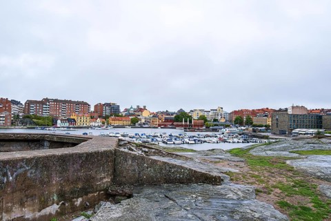 View from the island of Stakholmen to the marina and houses in the city harbour of Karlskrona,